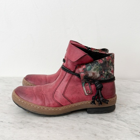 Rieker Shoes - Rieker Ankle Boots Floral Boho 40 Red Burnished Leather Zip Booties
